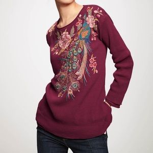 Johnny Was Quito Peacock Embroidered Waffle Knit Long Sleeve Thermal Top